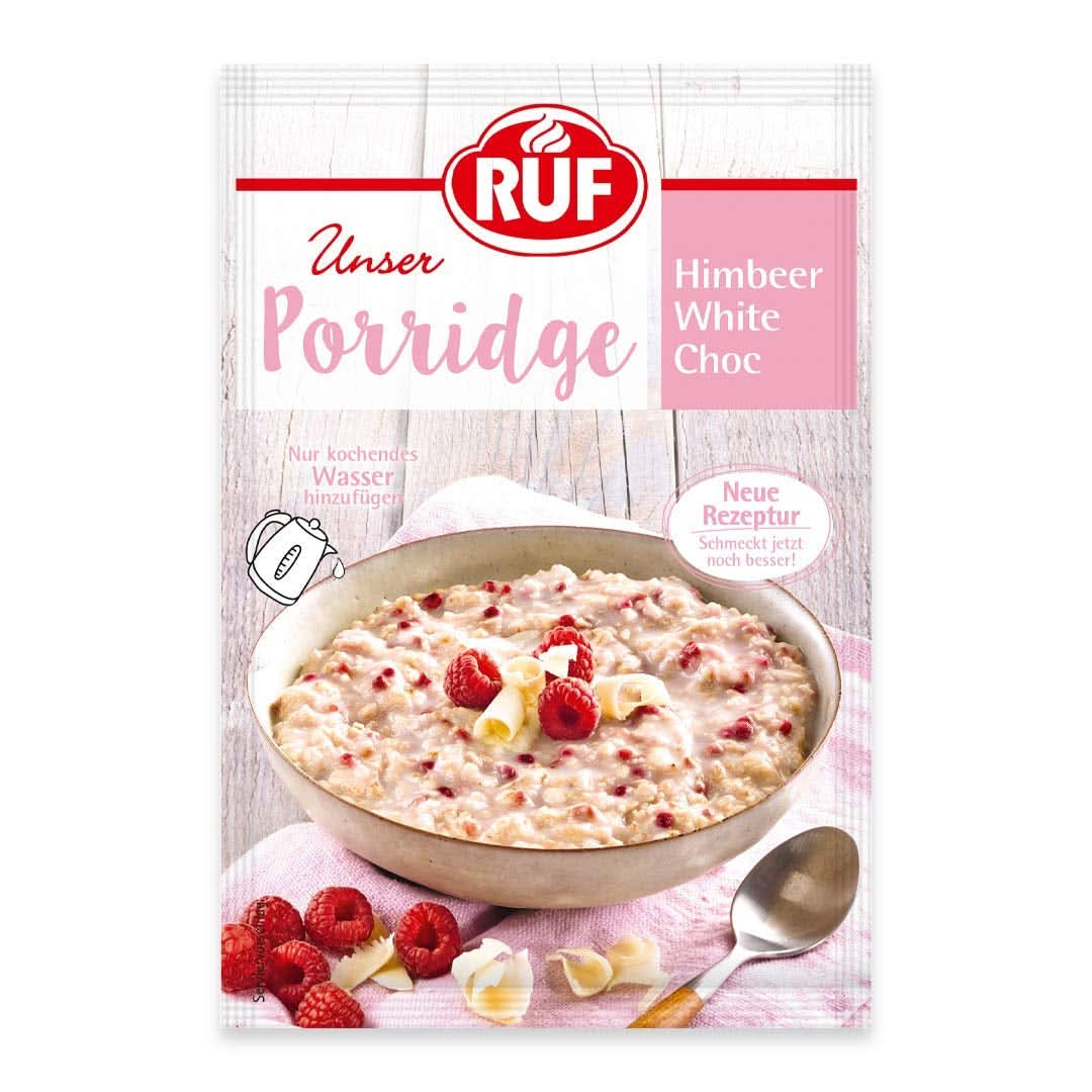 RUF Porridge Raspberry White Choc, Porridge instantané aux morceaux de framboise et chocolat blanc râpé, 65 grammes Cereale Naty Shop
