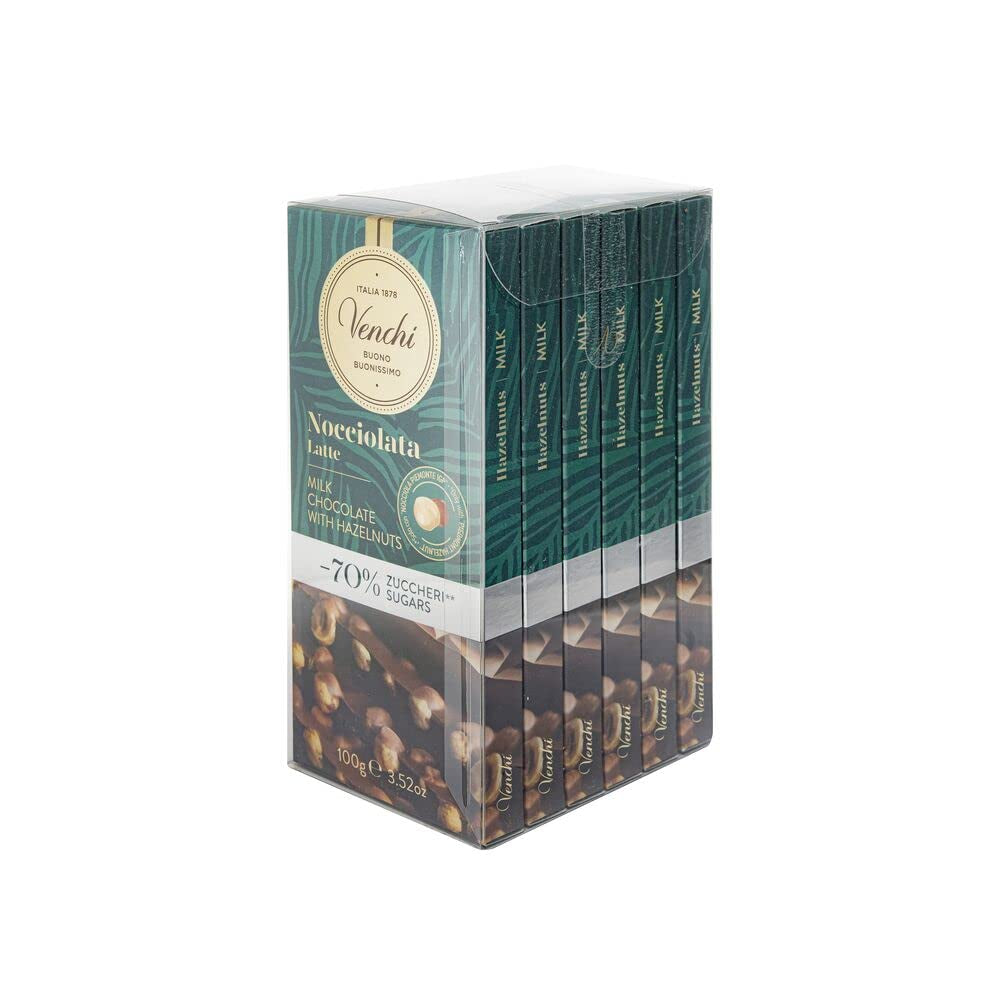 Venchi - Pack de 6 tablettes de chocolat noir aux noisettes, 600g - Sans sucre ajouté - Sans édulcorants artificiels - Sans gluten - Vegan - Idée cadeau