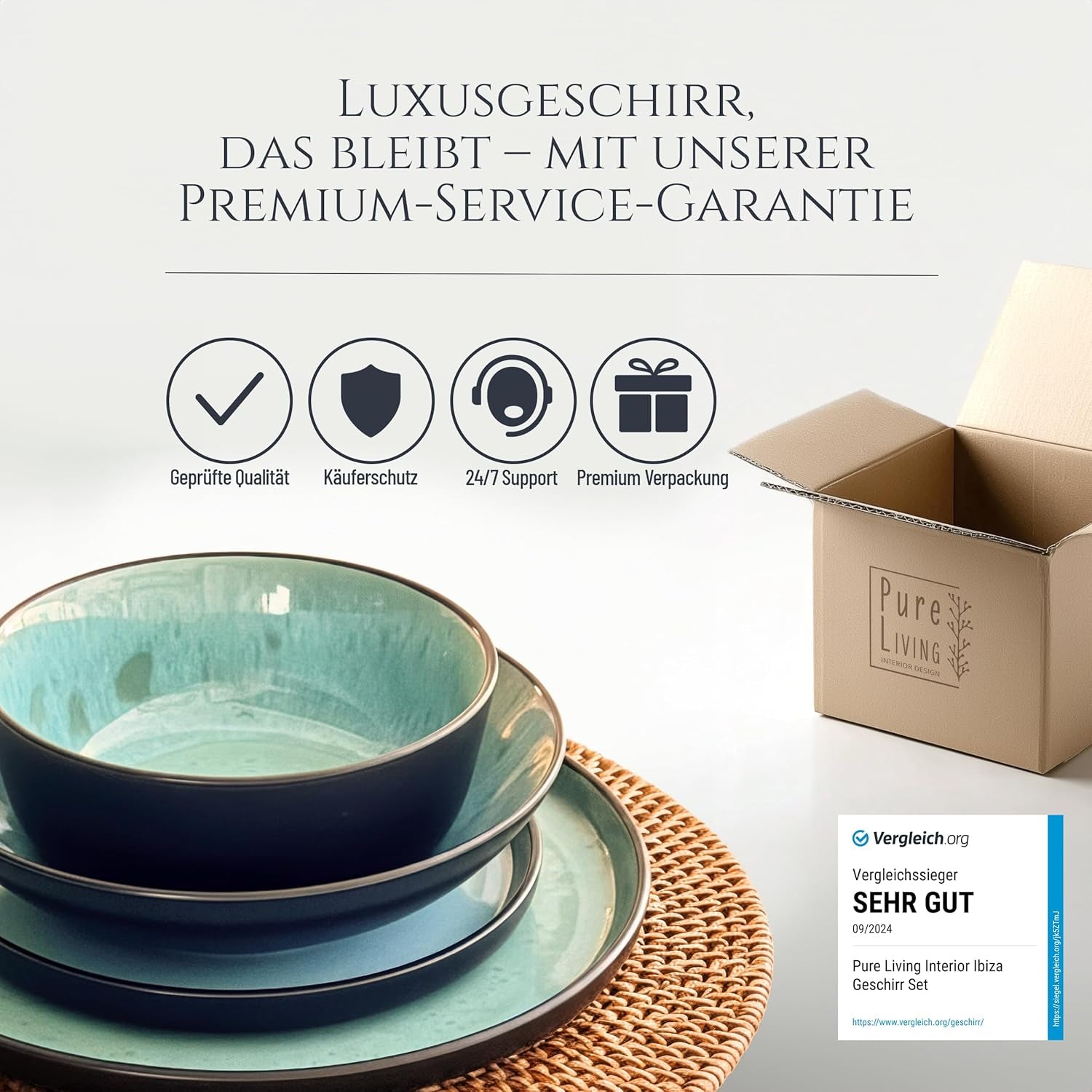 Service de table 24 pièces en grès cérame pour 6 personnes, design Ibiza, GAGNANT DU TEST. Un magnifique ensemble de vaisselle méditerranéenne comprenant des bols et des assiettes. Service de table Pure Living, vert sauge.