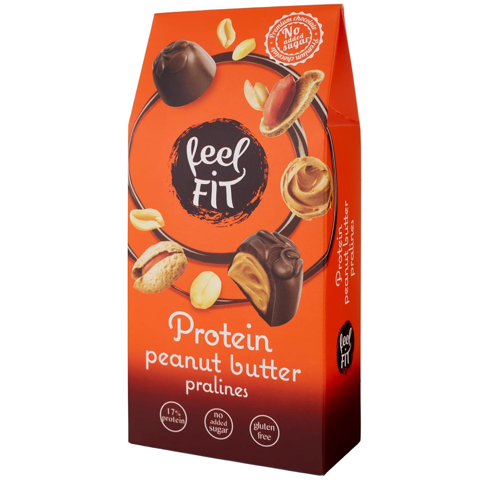 Pralines protéinées au beurre de cacahuète Feel FIT dans du chocolat au lait de haute qualité, sans sucre ajouté, 17 % de protéines, sans gluten 66 g (1 paquet)
