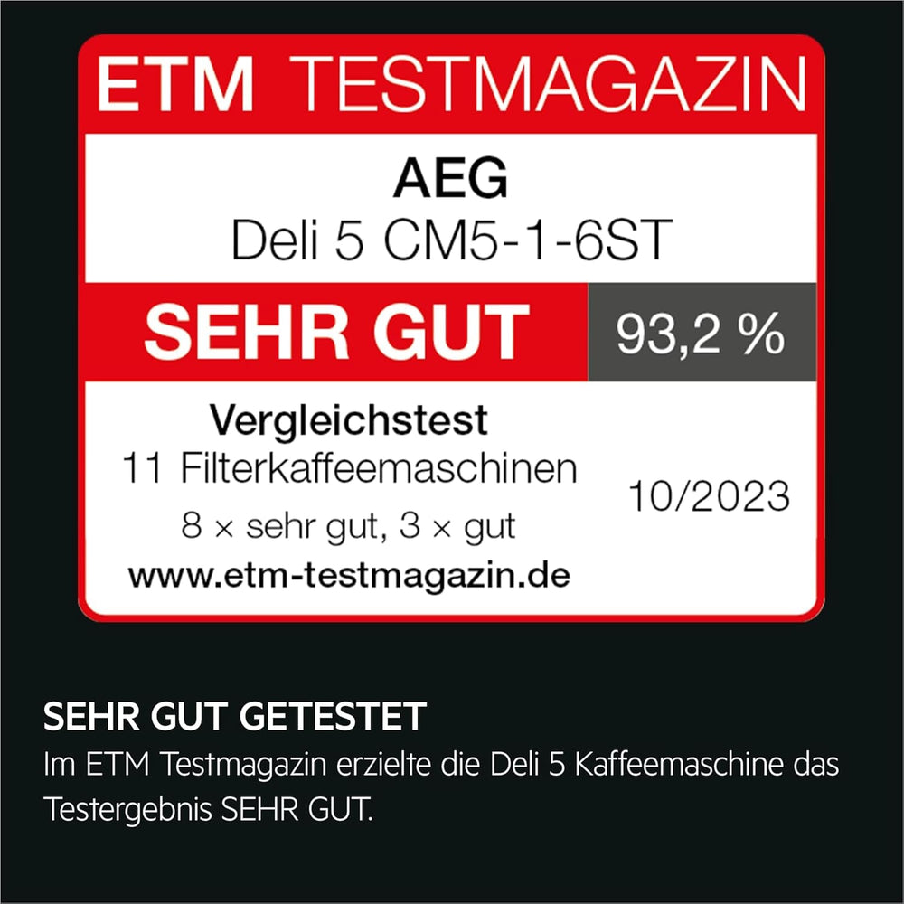 Machine à expresso AEG Deli 5, 1,5 l, minuterie programmable, fonction maintien au chaud, arrêt de sécurité, indicateur de niveau d'eau, dosage optimal, fonction anti-goutte, acier inoxydable, CM5-1-6ST