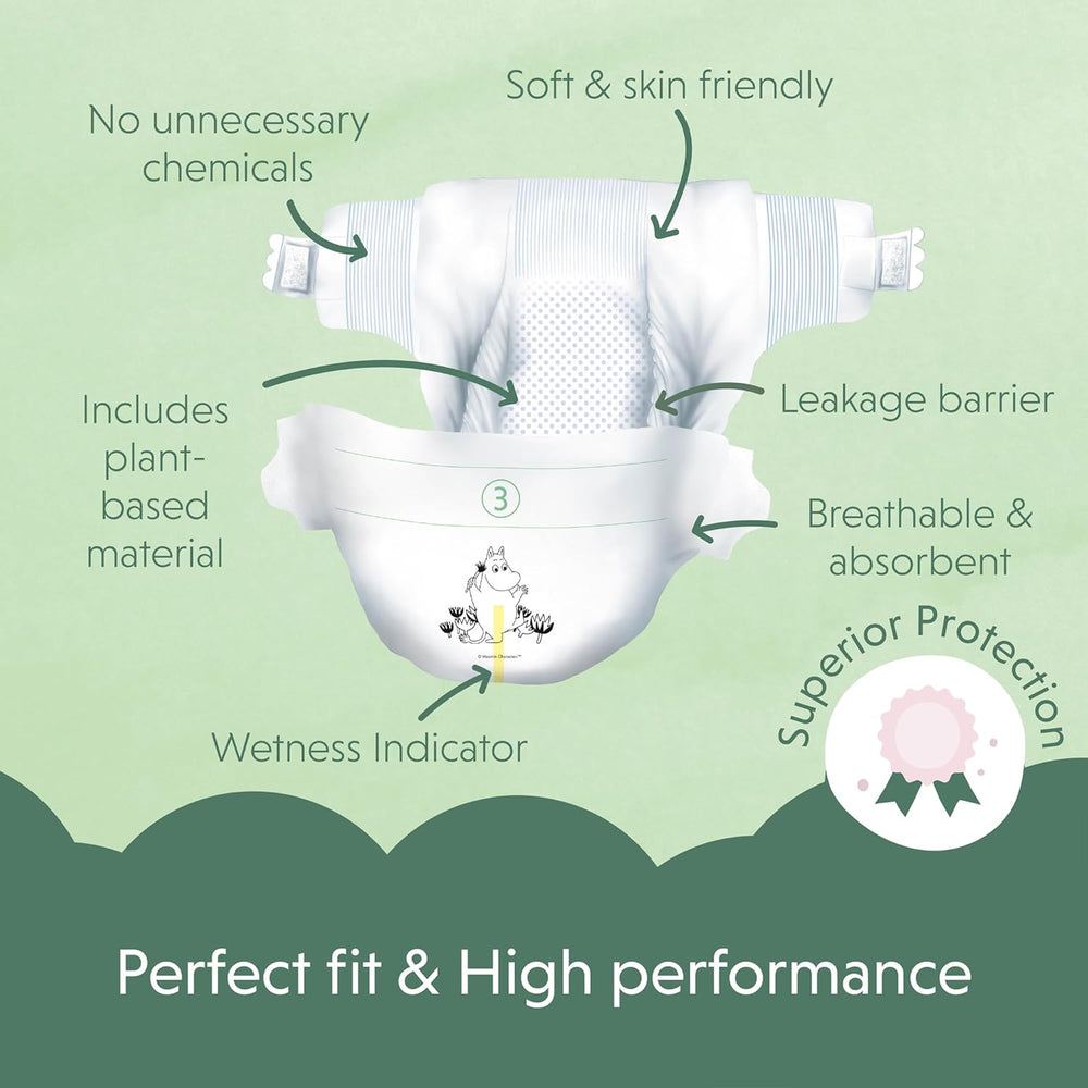 Couches Moomin Baby Eco, taille 3, 5-8 kg, 48 pièces, couches souples de qualité supérieure | Doux et agréable pour la peau, respirant, absorbant, sans produits chimiques inutiles |