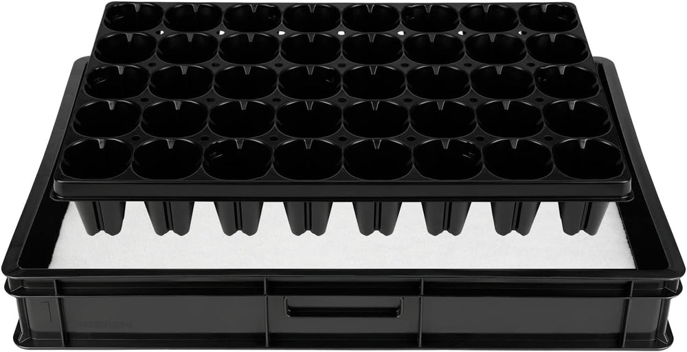 Système de propagation GW-285 composé d'un bac à eau professionnel GW657, d'un tapis capillaire assorti (absorption d'eau 3 L par m²) et d'un plateau à pots avec 285 pots (23x23 mm, hauteur 54 mm) en taille européenne (600x400 mm)
