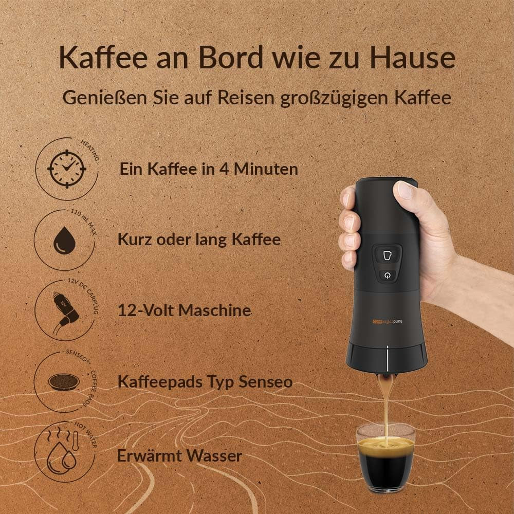 Handpresso - Handcoffee Auto 21000 | Machine à expresso pour voiture 12 V – Machine à expresso 12 V pour voitures | Machine à expresso Senseo Pad pour voitures – Machine à expresso de voyage 12 V | Expresso 12 volts pour camping-cars