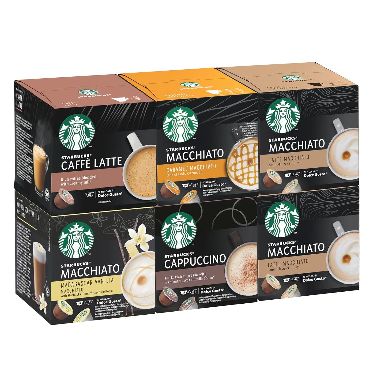 STARBUCKS Probierset, White Cup Variety Pack de Nescafé Dolce Gusto Kaffeekapseln & Vanilla Macchiato de Nescafé Dolce Gusto Kaffeekapseln 6 x 12 (72 Kapseln, 36 Portionen)
