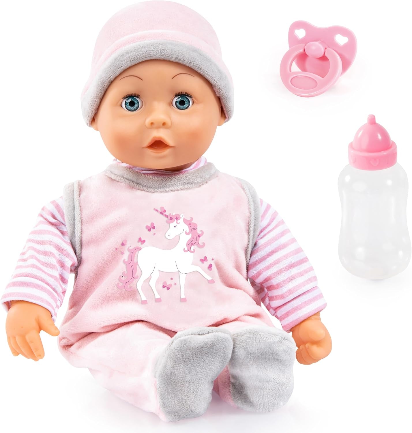 Bayer Design 93800-pink 93825AA Babypuppe First Words, Schlafaugen, spricht 24 Babylaute, weicher Körper, mit Schnuller und Flasche, 38 cm, rose