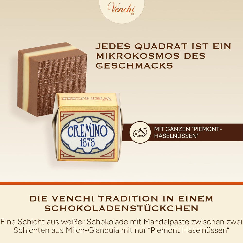 Venchi - Cremini 1878 - Chocolat trois couches au gianduja au lait et pâte d'amande, "Noisettes du Piémont IGP", 1 kg, sans gluten, sans colorants et sans conservateurs