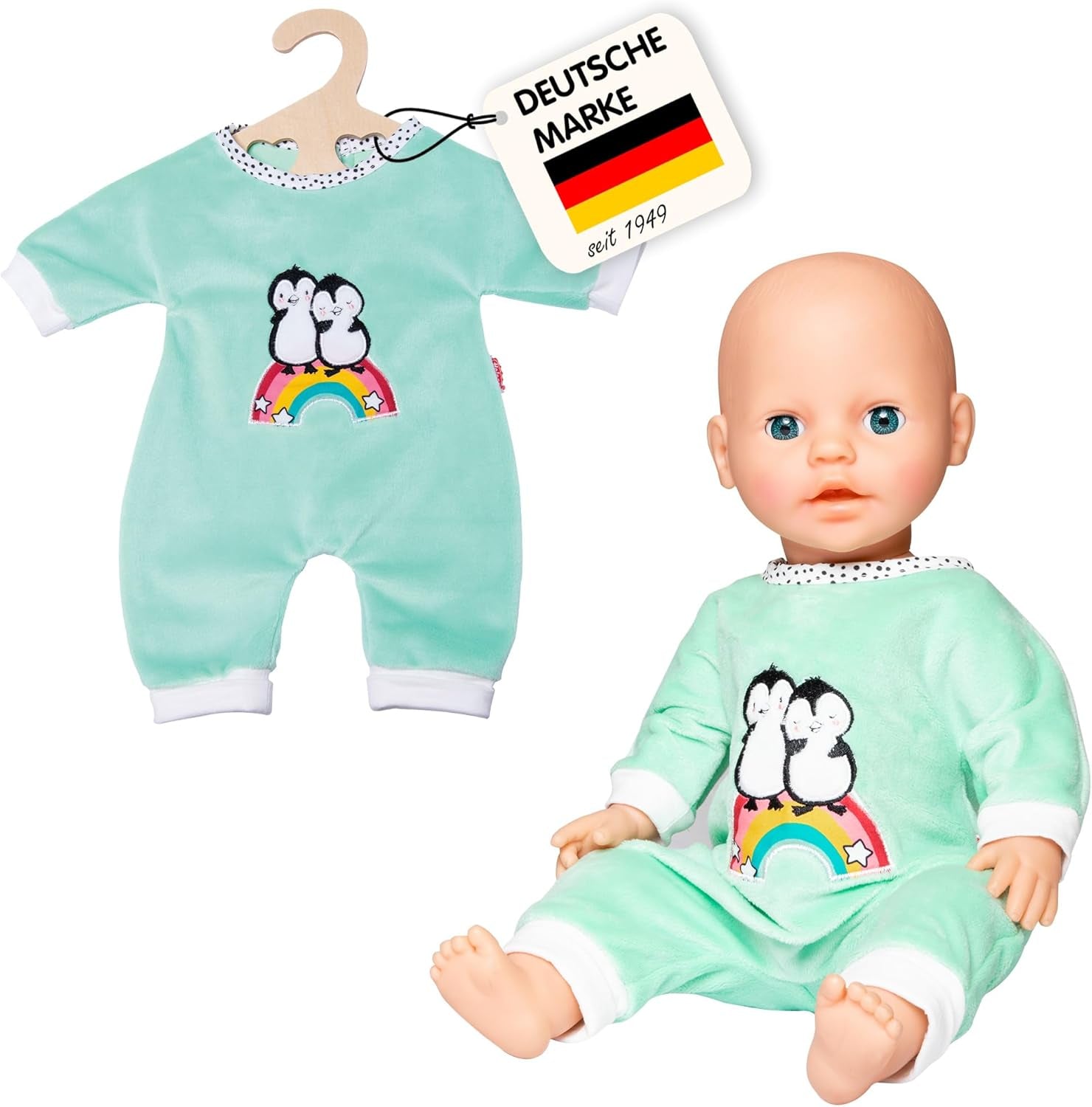 Heless 1181 - Combinaison de poupée motif pingouin à pois en velours doux avec broderie de haute qualité, taille 28-35 cm