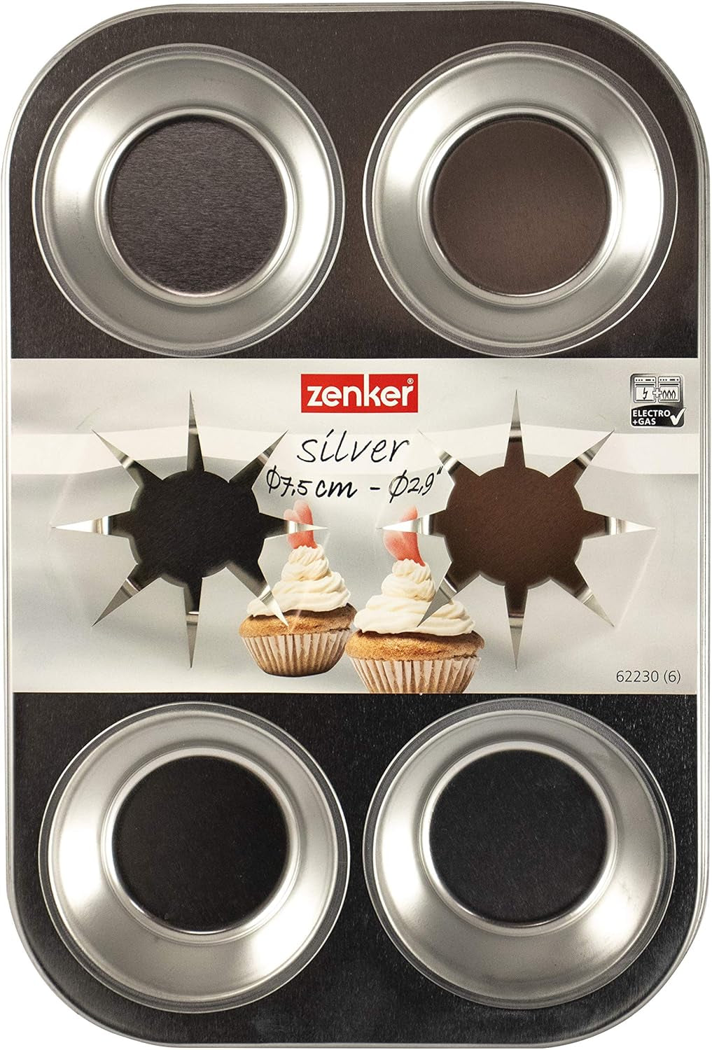Zenker 62230 Tava pentru copt Cupcake/Muffin 6 buc, Banda 29 X 19,5 X 3Cm, Linie Argintie Matrite si tavi pentru copt Naty Shop