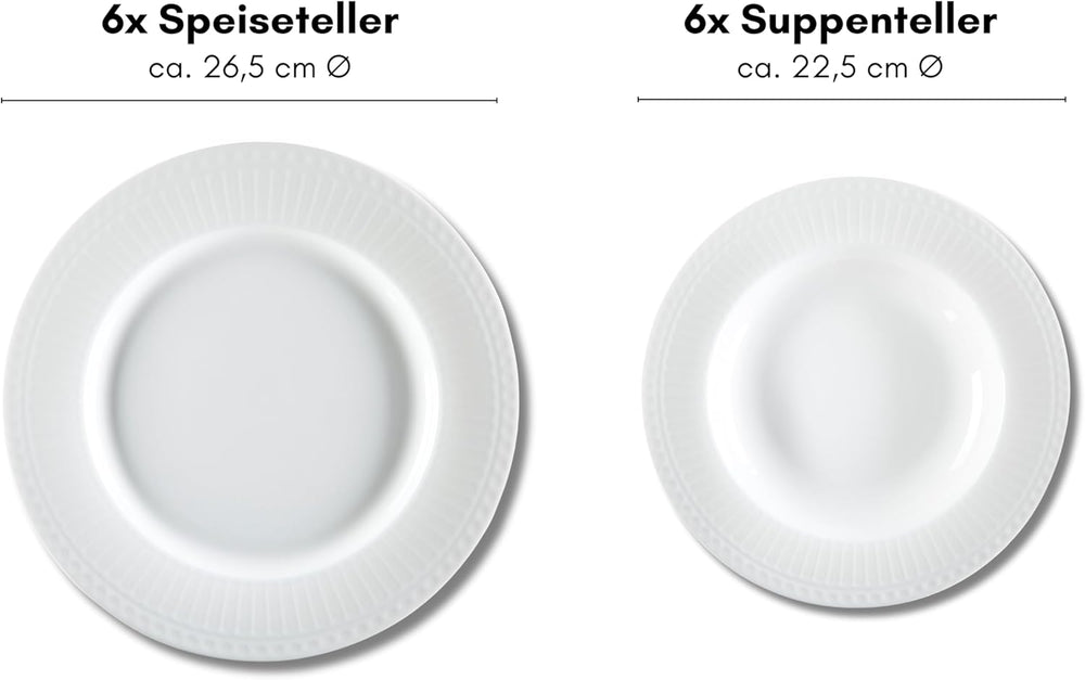 Ritzenhoff & Breker Sofia Service de table 12 pièces, plateau de table (26 cm) et plateau de table (22 cm) pour 6 personnes, set de table avec petits reliefs en relief, cuisine gastronomique, porcelaine, blanc