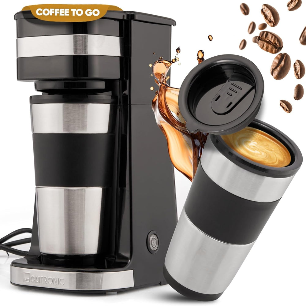 Machine à expresso Clatronique | Tasse de voyage 400 ml | Compatible avec tous les porte-gobelets standards (par exemple pour voiture) | Machine à expresso avec filtre | Filtre permanent en nylon | Mug en acier inoxydable avec couvercle aromatique | CA 3733