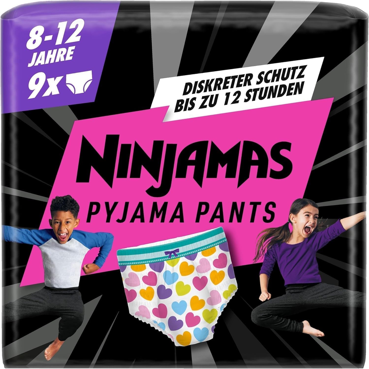 Pantalon de pyjama Hearts, sous-vêtement absorbant 9 nuits, 8 ans, 27kg-43kg, Protection contre les fuites toute la nuit