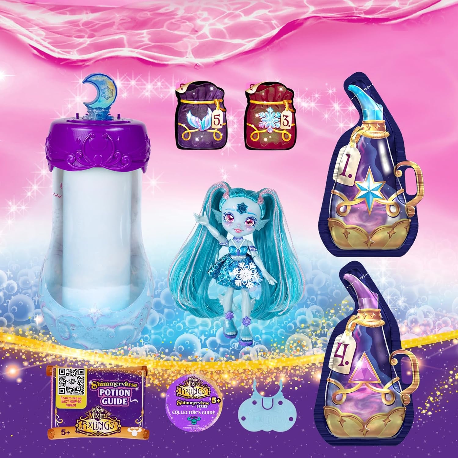 Pixlings Magic Dolls, 4 poupées assorties - 2 neuves - Poupée mode 15 cm - Potions magiques - Jouet de potion secrète (MG101000)