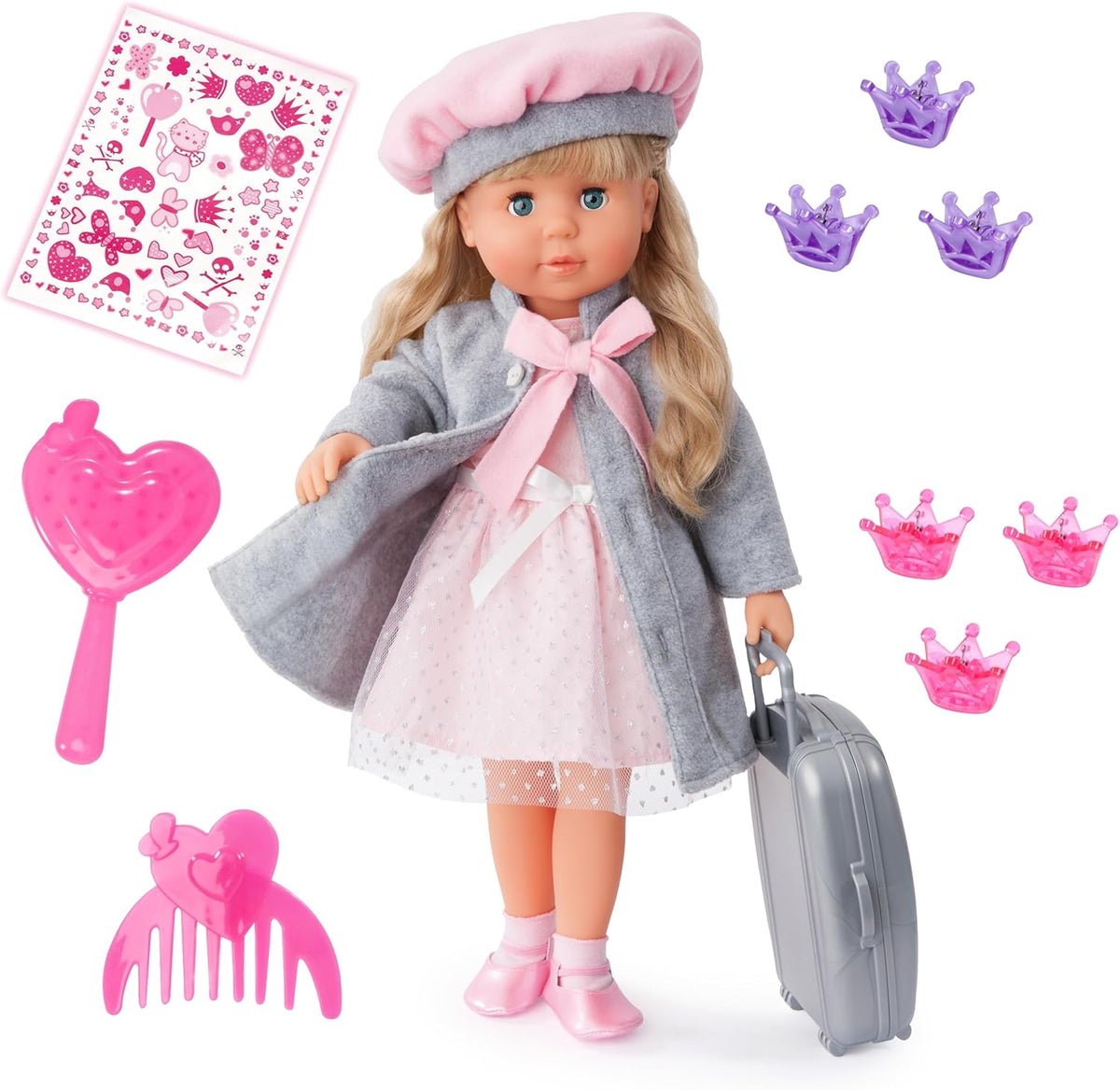 Bayer Design 94635AX Funktionspuppe Charlene mit Haaren und Schlafaugen, spricht und singt 90 Sätze, 2 Gedichte und 8 Lieder, 46cm, Puppe mit viel Zubehör, 1,30 kg, Rosa, Grau