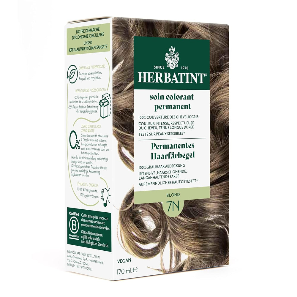Gel de teinture capillaire permanente 6N Blond foncé - 170 ml I Sans ammoniaque, couverture à 100% des cheveux gris I Testée sur peaux sensibles, aux 8 extraits de plantes Teinture capillaire Naty Shop 7N Blond