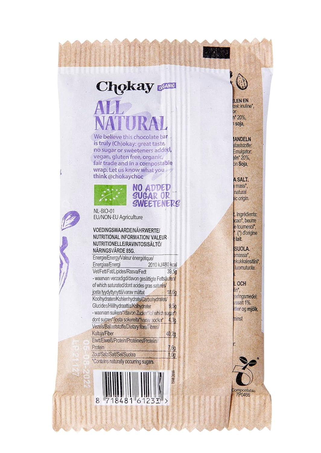 Barre BIO - SEL AMANDES/Chocolat noir belge aux amandes et sel marin/VEGAN, SANS GLUTEN ET COMMERCE ÉQUITABLE / 1x70g