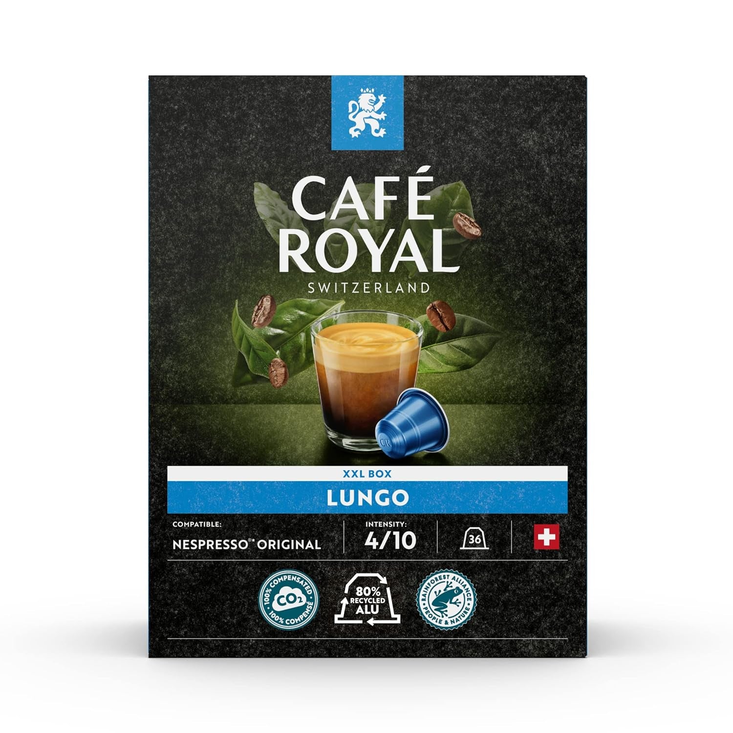 Café Royal Dark Chocolate Flavored 100 capsules pour machine à café Nespresso - 4/10 intensité - certifié UTZ, en aluminium et Lungo 36 capsules pour machine à café Nespresso - 4/10 intensité
