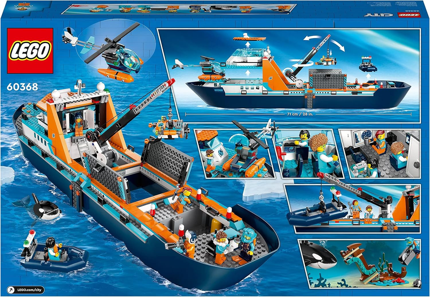 Navire de recherche arctique LEGO City, grand bateau jouet flottant avec hélicoptère, bateau gonflable, sous-marin Rov, épave viking, 7 figurines et figurine d'orque, cadeau pour les enfants à partir de 7 ans 60368 Ensembles de construction Besuche den LEGO-Store