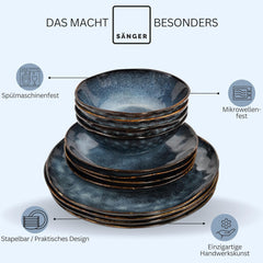 Sanger | Service de table Tokyo 36 pièces Service de table en porcelaine pour 12 personnes Vaisselle moderne faite à la main bleu foncé avec accents noirs | LA COLLECTION PREMIUM