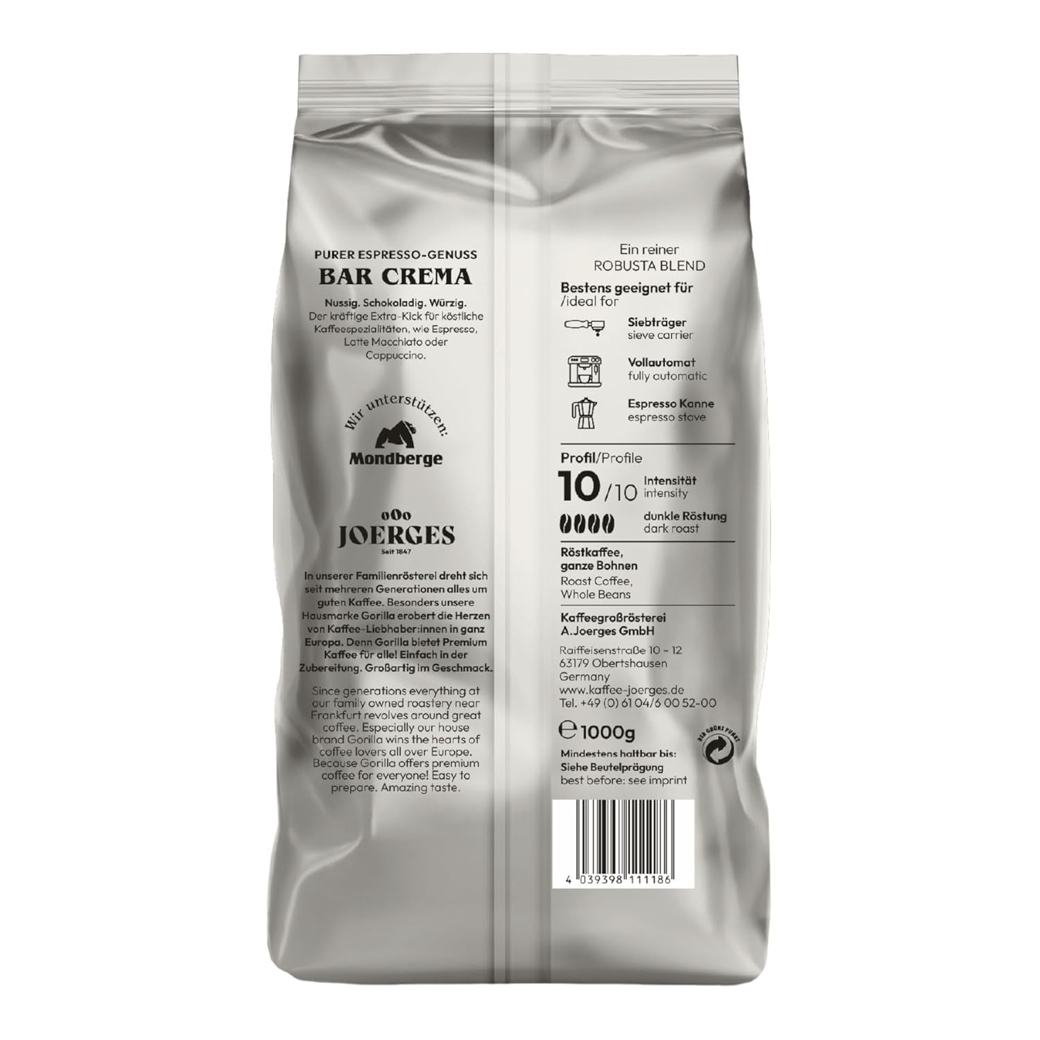 Grains de café Gorilla Espresso Bar Crema - 12 paquets de 1000 g chacun