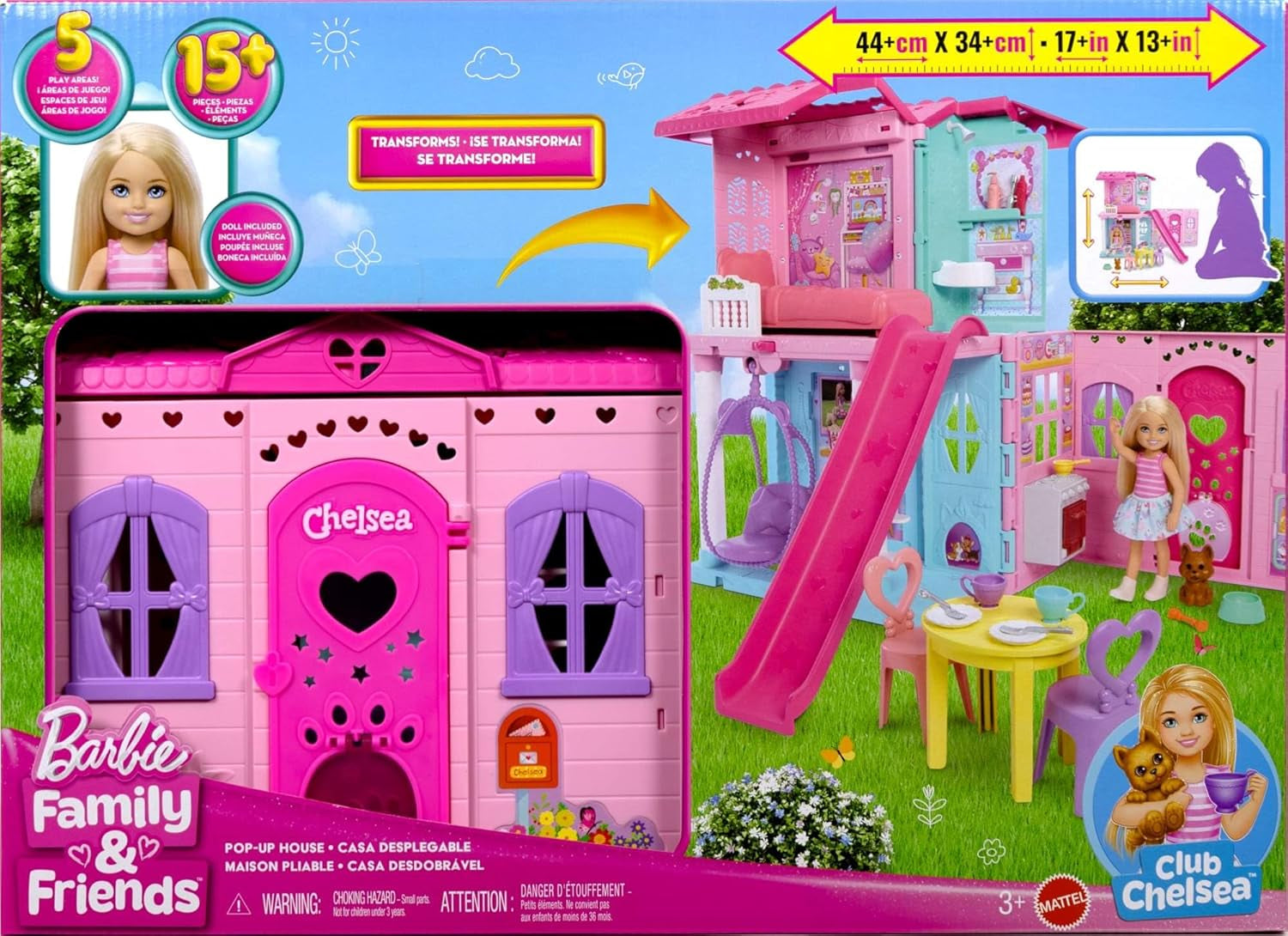 Maison de poupée Barbie Chelsea avec plus de 15 accessoires, maison pop-up s'étendant jusqu'à plus de 42 x 33 cm avec 5 aires de jeu et un toboggan, avec une petite poupée et un chien, JFW49