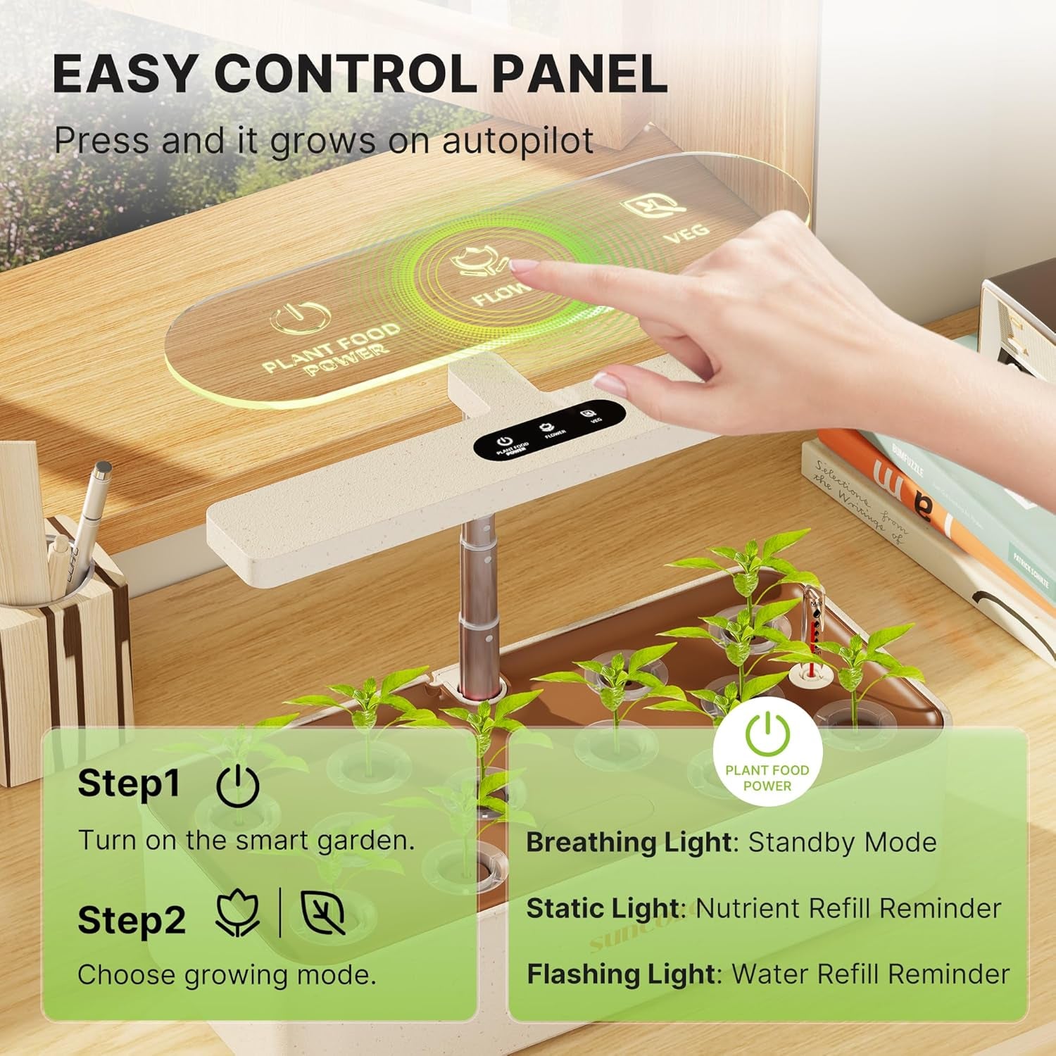 Kit de système de culture hydroponique 12 capsules, lampe de jardin intérieure LED 24 W, réservoir d'eau 4 L avec pompe silencieuse, jardinière d'herbes réglable en hauteur, kit de jardinage intérieur, cadeaux de jardinage, beige