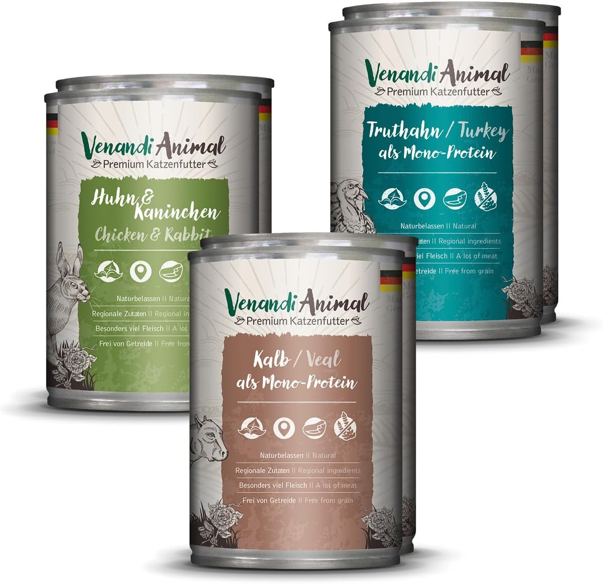 Venandi Animal Premium Nassfutter für Katzen, Probierpaket II, Poulet + Lapin, Kalb, Dinde, 6 x 400 g, sans gluten et naturellement, 2,4 kg