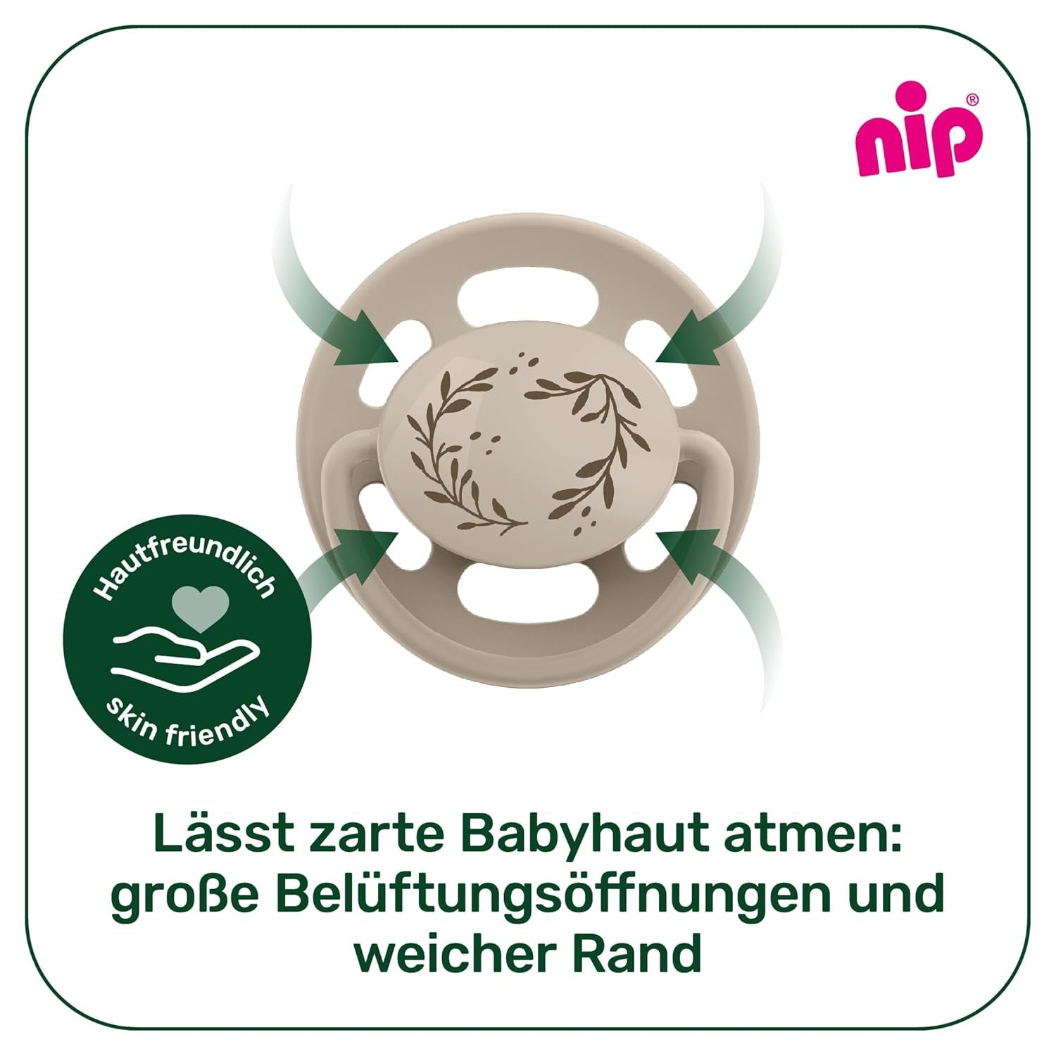 pincement - Vert Cerise | 0-6 mois | Paquet de 4 | Sucette pour bébé, adaptée à l'allaitement et à la dentition. Sucette durable, fabriquée à partir de matières premières naturelles, vert clair/marron