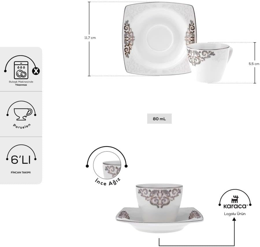 KARACA Nazende Ensemble de tasses à expresso en porcelaine – Tasses à café turques de 80 ml avec soucoupes, service à café moderne 12 pièces avec 6 tasses à café et 6 soucoupes, tasses à moka – Blanc