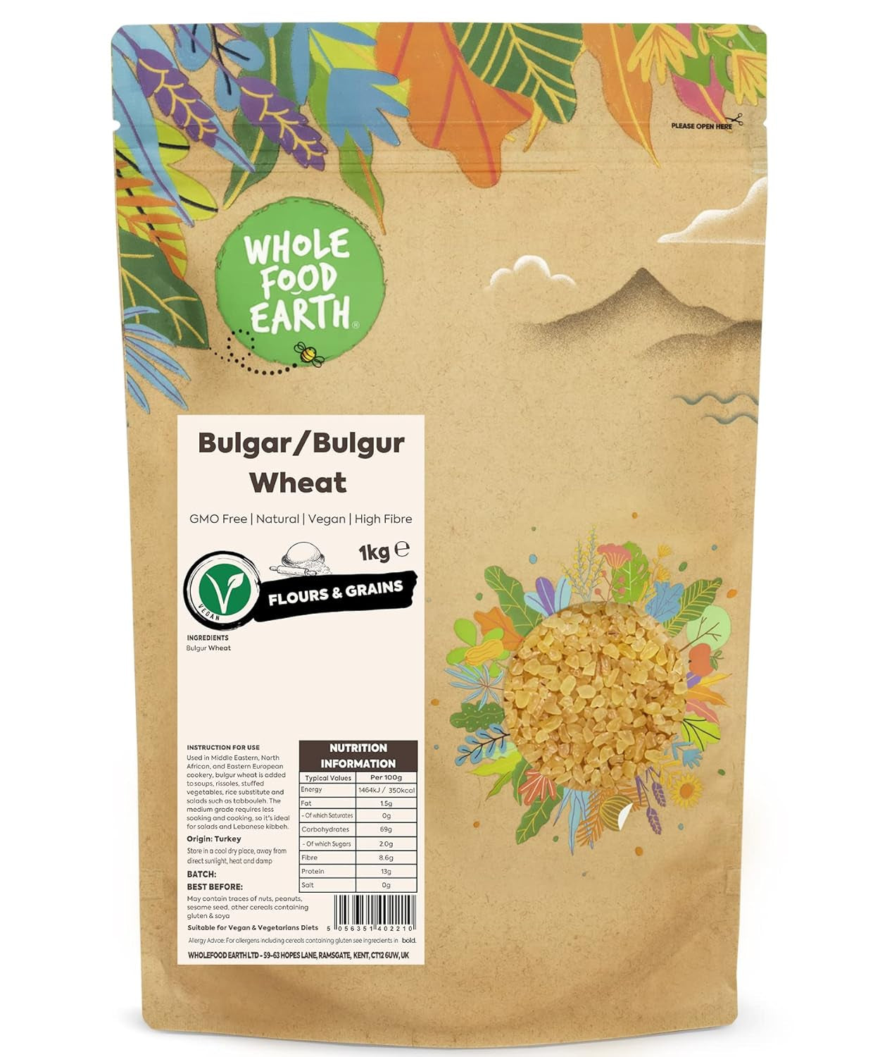 Boulgour de blé Wholefood Earth - sans OGM - naturel - végétalien - sans produits laitiers - sans sucre ajouté, 500g