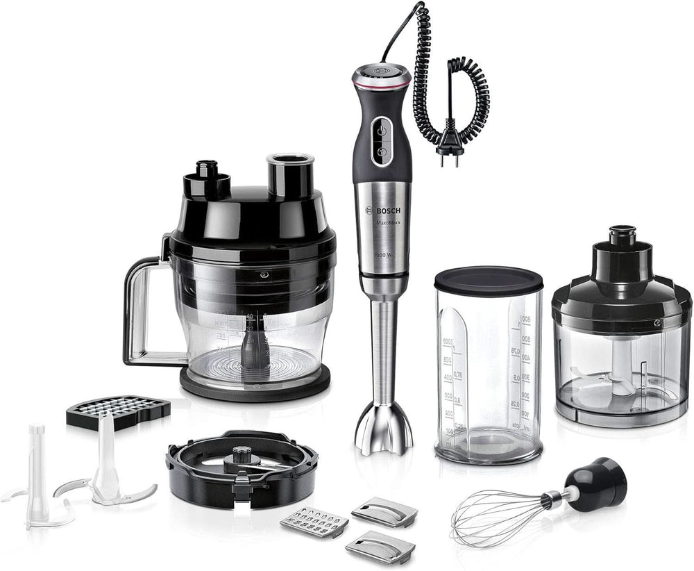 Bosch Stabmixer Ergomaster Serie 6 MSM6M810, Einhändig Bedienbar, 10 Jahre Motorgarantie, Edelstahl-Klingen, Verschleißfreie Keramik-Kupplung, Luftkühlung, Quattroblade, Mixbecher, 1200 W, Edelstahl Kitchen Naty Shop 7-In-1, 1000 Watt