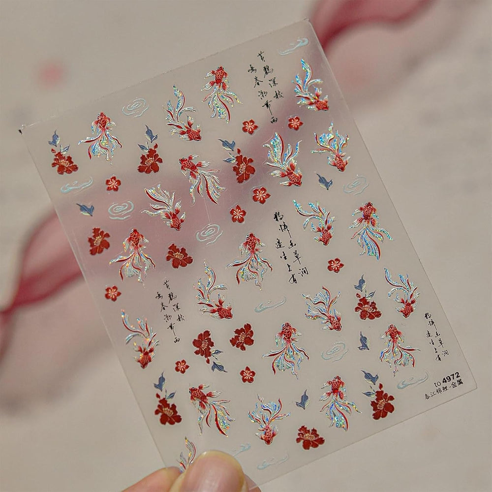 JMEOWIO 3D Nagelsticker Koi Fisch Nail Art Sticker Selbstklebend Nagelaufkleber 5D Stereoskopisch Dekoration Nageldesign Zubehör 1 Blatt