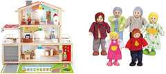 E3405 - Maison de poupée, Maison de poupée avec accessoires, en bois et E3500 - Famille de poupées, peau claire