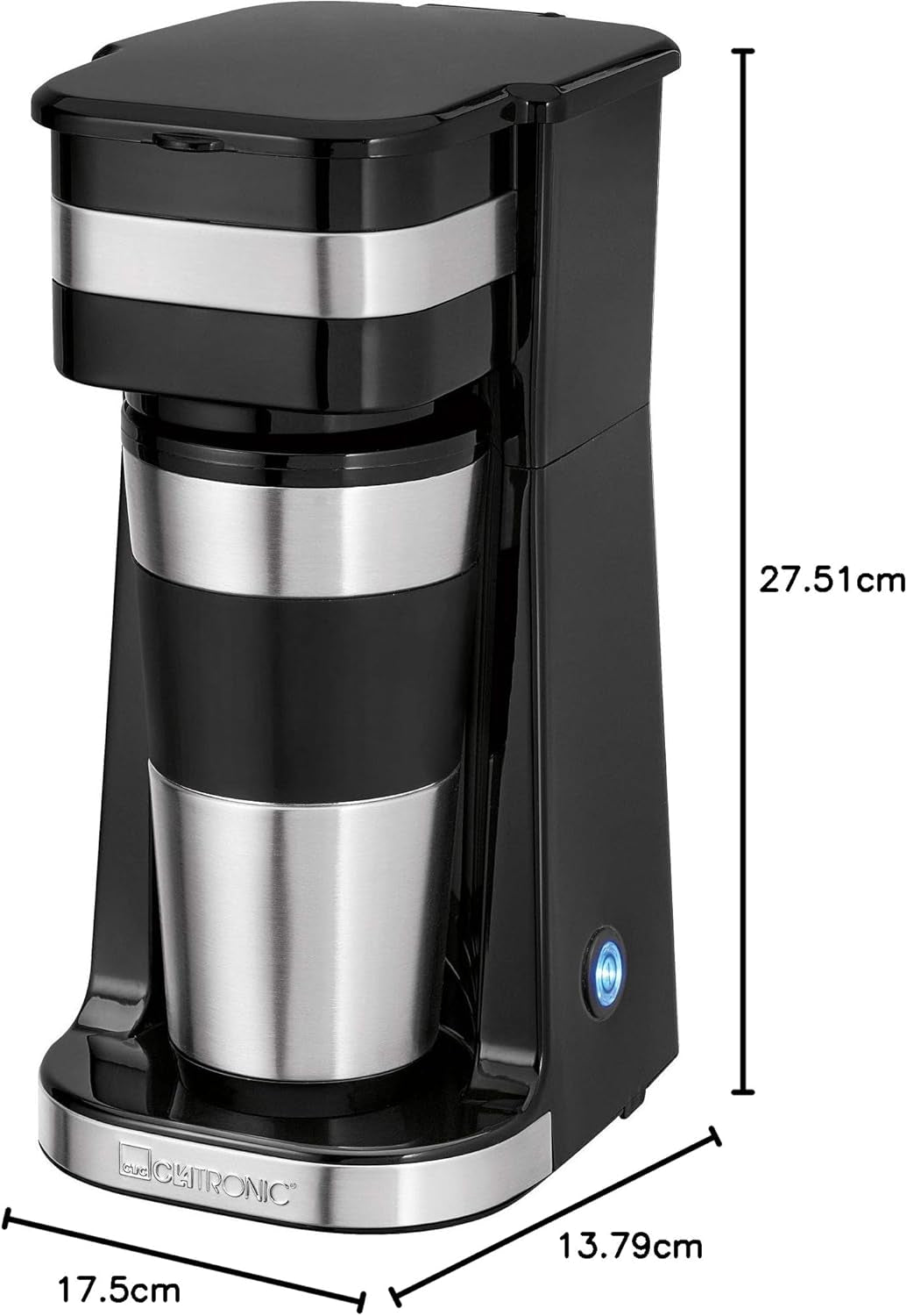 Machine à expresso Clatronique | Tasse de voyage 400 ml | Compatible avec tous les porte-gobelets standards (par exemple pour voiture) | Machine à expresso avec filtre | Filtre permanent en nylon | Mug en acier inoxydable avec couvercle aromatique | CA 3733