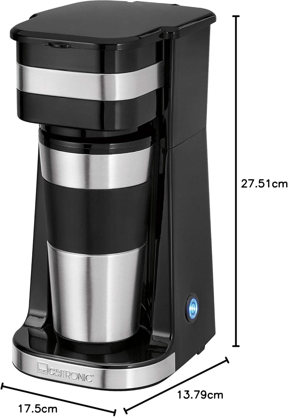 Machine à expresso Clatronique | Tasse de voyage 400 ml | Compatible avec tous les porte-gobelets standards (par exemple pour voiture) | Machine à expresso avec filtre | Filtre permanent en nylon | Mug en acier inoxydable avec couvercle aromatique | CA 3733