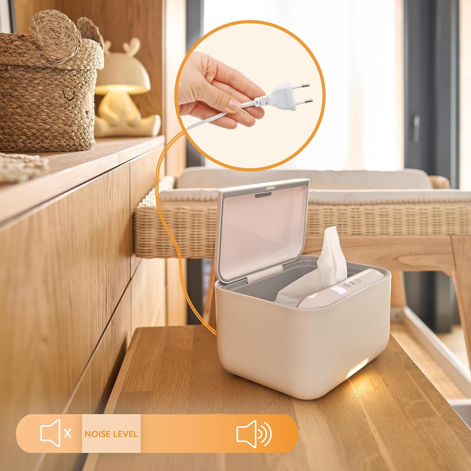 Lionelo BABYBLISS 20W Réchauffeur pour lingettes humides et petites serviettes, 20W pour bébé, veilleuse intégrée, 3 réglages de chaleur, écran tactile, maintient les lingettes humides