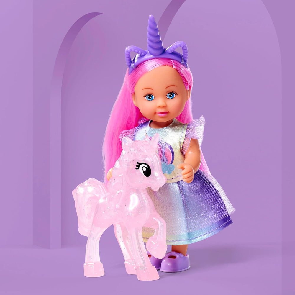 Simba Evi Love Unicorn Play Doll portant une jolie robe licorne avec un bandeau assorti, comprenant une licorne avec une écurie, des pommes et une gourde, 12 cm, à partir de 3 ans
