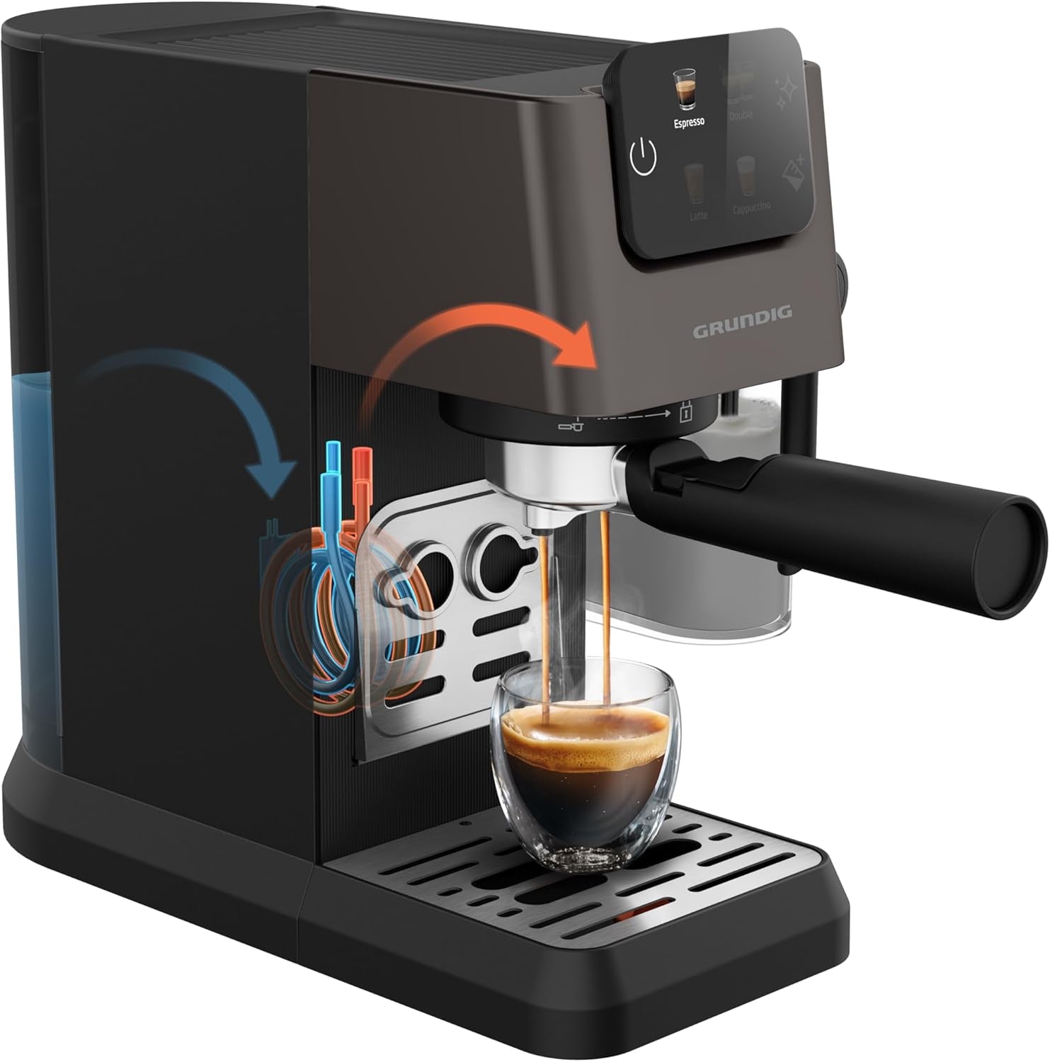 Espressor portafilter GRUNDIG KSM 5330 cu recipient de lapte integrat, putere 1628 W, presiune pompă 15 bar, duză dublă, afișaj tactil color, BrewSense, CreamyPro, Inox închis/Negru