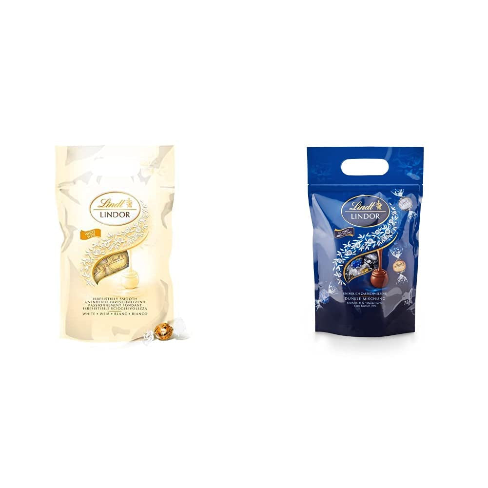 Boules de chocolat blanc LINDOR, 1 kg et LINDOR | Sac refermable de 1 kg | env. 80 boules de chocolat au lait fourrées à la menthe | Colis vrac, cadeau praliné, cadeau chocolat