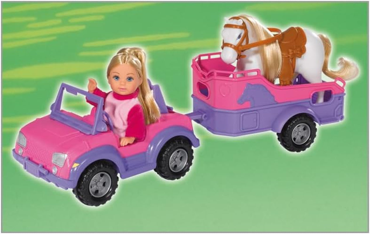 Simba 105737460 - Remorque à chevaux Evi Love Evi avec jeep rose, pendentif cheval et poney violet, poupée à habiller, 12 cm, pour enfants à partir de 3 ans Poupées Naty Shop