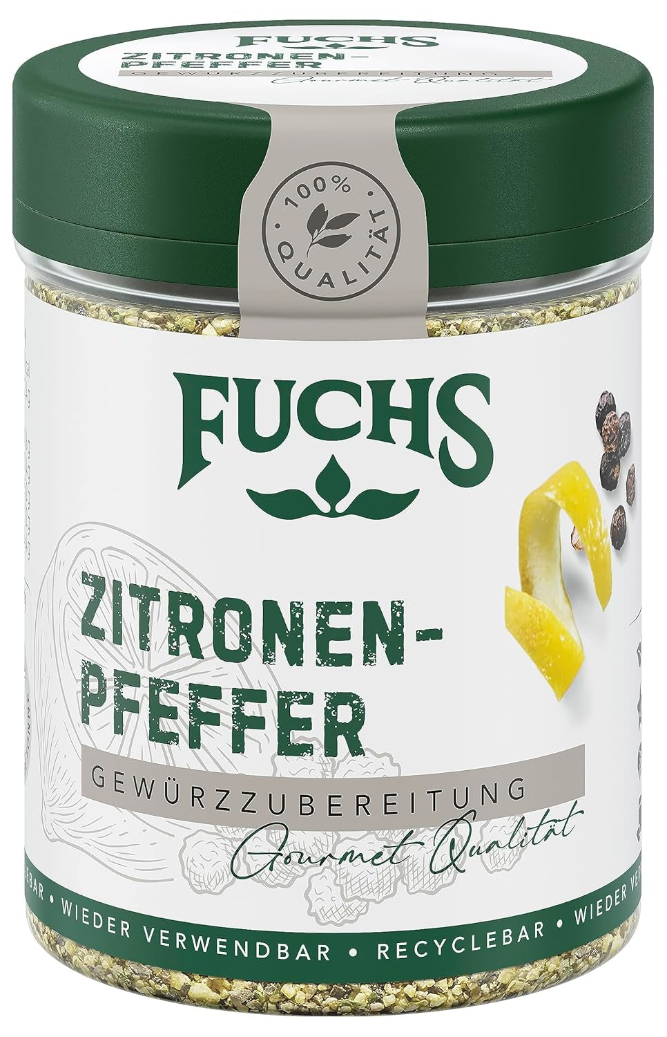 Fuchs Gewürze - Citronenpfeffer Gewürz - Gewürzzubereitung für Lachs, Zander und Kabeljau - ingrédients naturels - 75 g en dose variable, recyclable