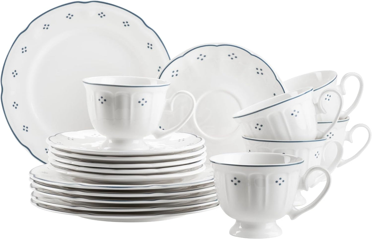 Mäser Lova Series Service à café en porcelaine 18 pièces – 6 assiettes à dessert (19,5 cm), 6 tasses (19 cl) et 6 soucoupes (15,5 cm), Bleu