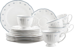 Mäser Lova Series Service à café en porcelaine 18 pièces – 6 assiettes à dessert (19,5 cm), 6 tasses (19 cl) et 6 soucoupes (15,5 cm), Bleu