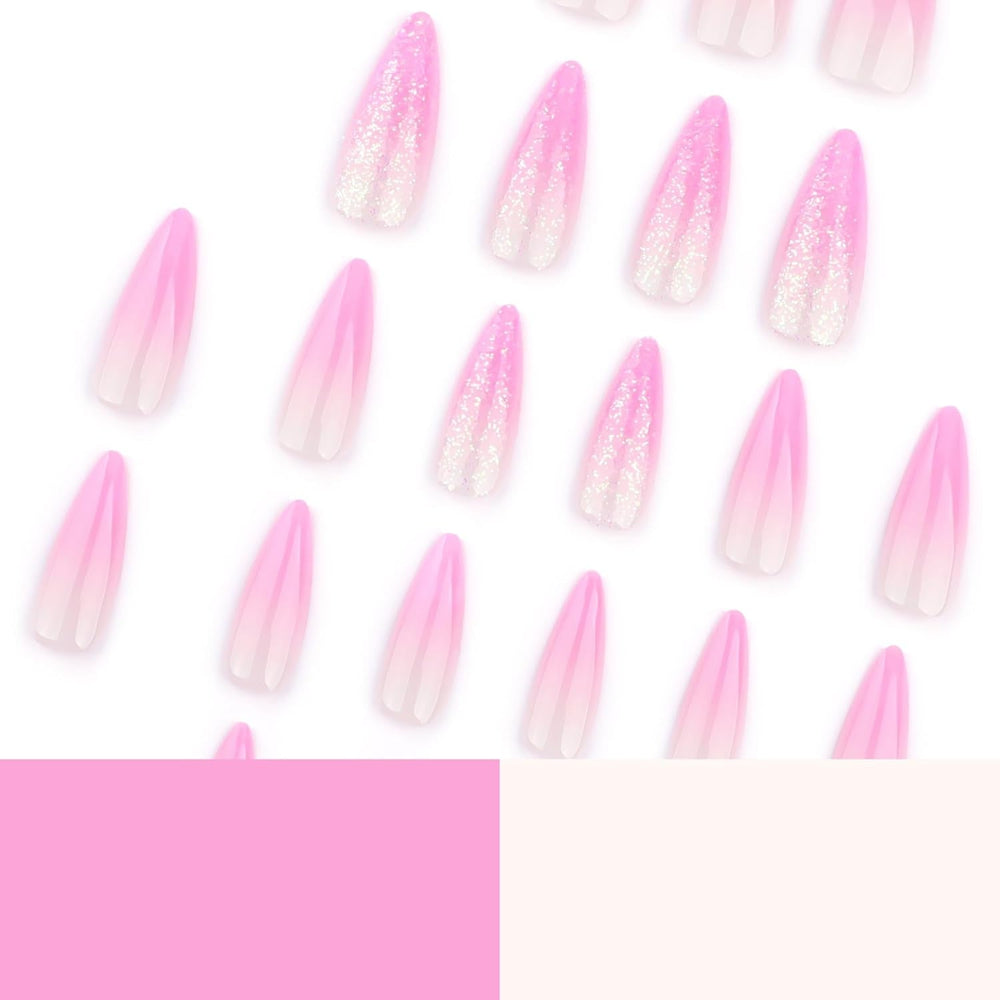 Mouyouglow Unghii lungi, Stiletto, alb lăptos, gradient roz, sclipici, cool, unghii false cu lipici, unghii artificiale roz Ombre sclipici