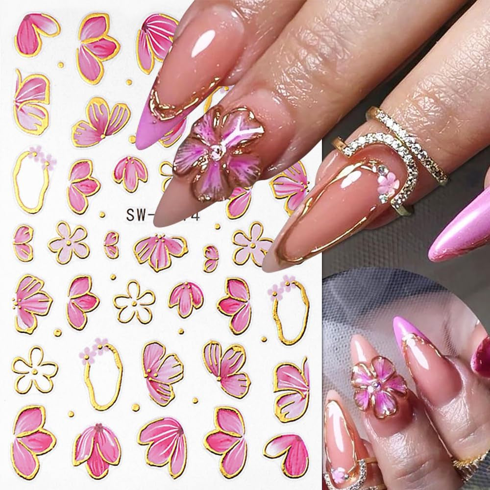 Gold Linie Schieber Rosa Nagelsticker Blumen 3D Flower Nail Sticker Sakura Blütenblätter Blumen Nagelaufkleber Frühling Sommer Floral Nagel Sticker Flowers Nagel Stickers Nageldesign Zubehör Nail Art
