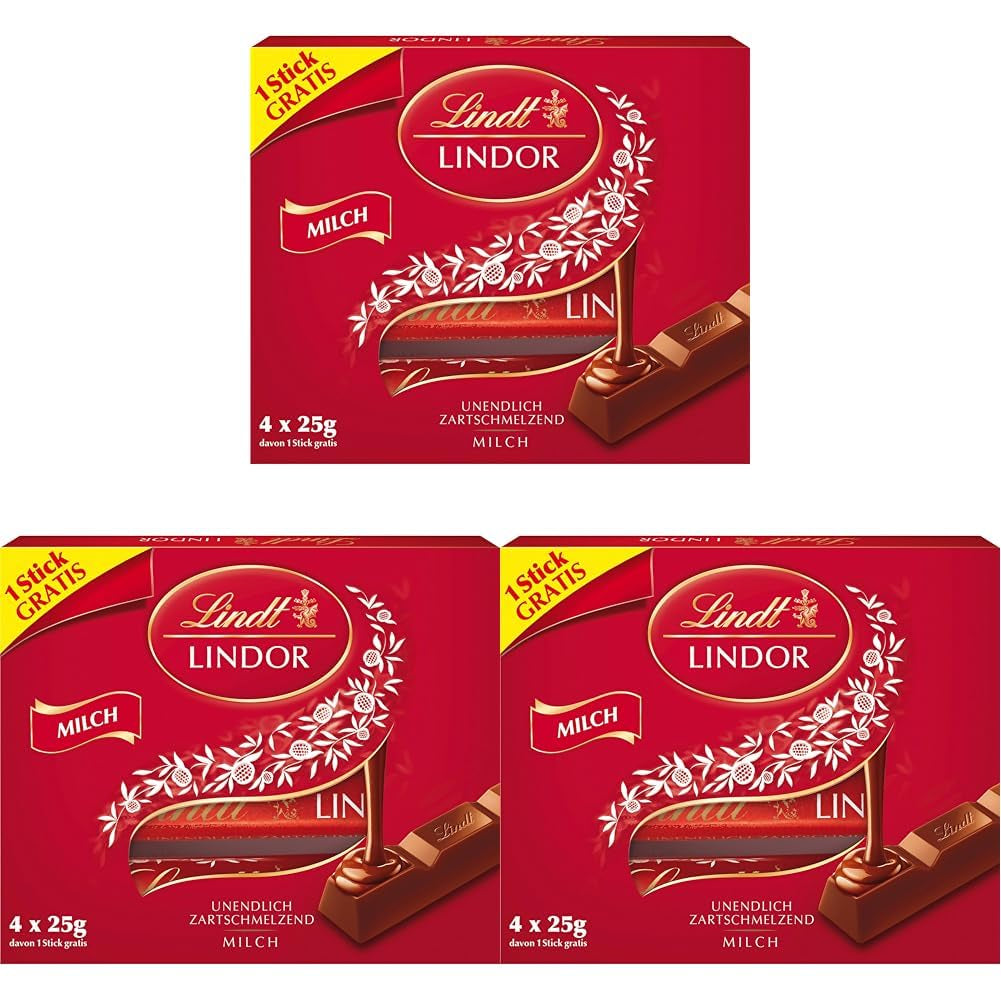 Chocolat Lindt | Bâtonnets de chocolat au lait LINDOR, Offre promotionnelle | 100g | 4 tablettes de chocolat au lait LINDOR fourrées fondantes | Bâtonnets de chocolat (paquet de 3)