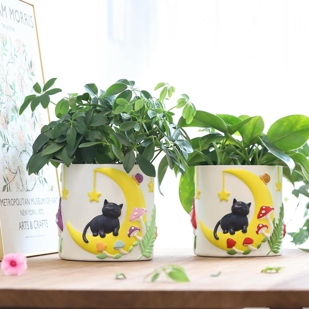 GUGUGO Pots de Fleurs Chat Lune Mignon, Pot de Fleur Unique avec Drainage, Couleurs Arc-en-Ciel, Petits Pots de Plantes d'intérieur, Pots de Jardin Succulents Amusants, Cadeau, Décoration de la Maison (C)