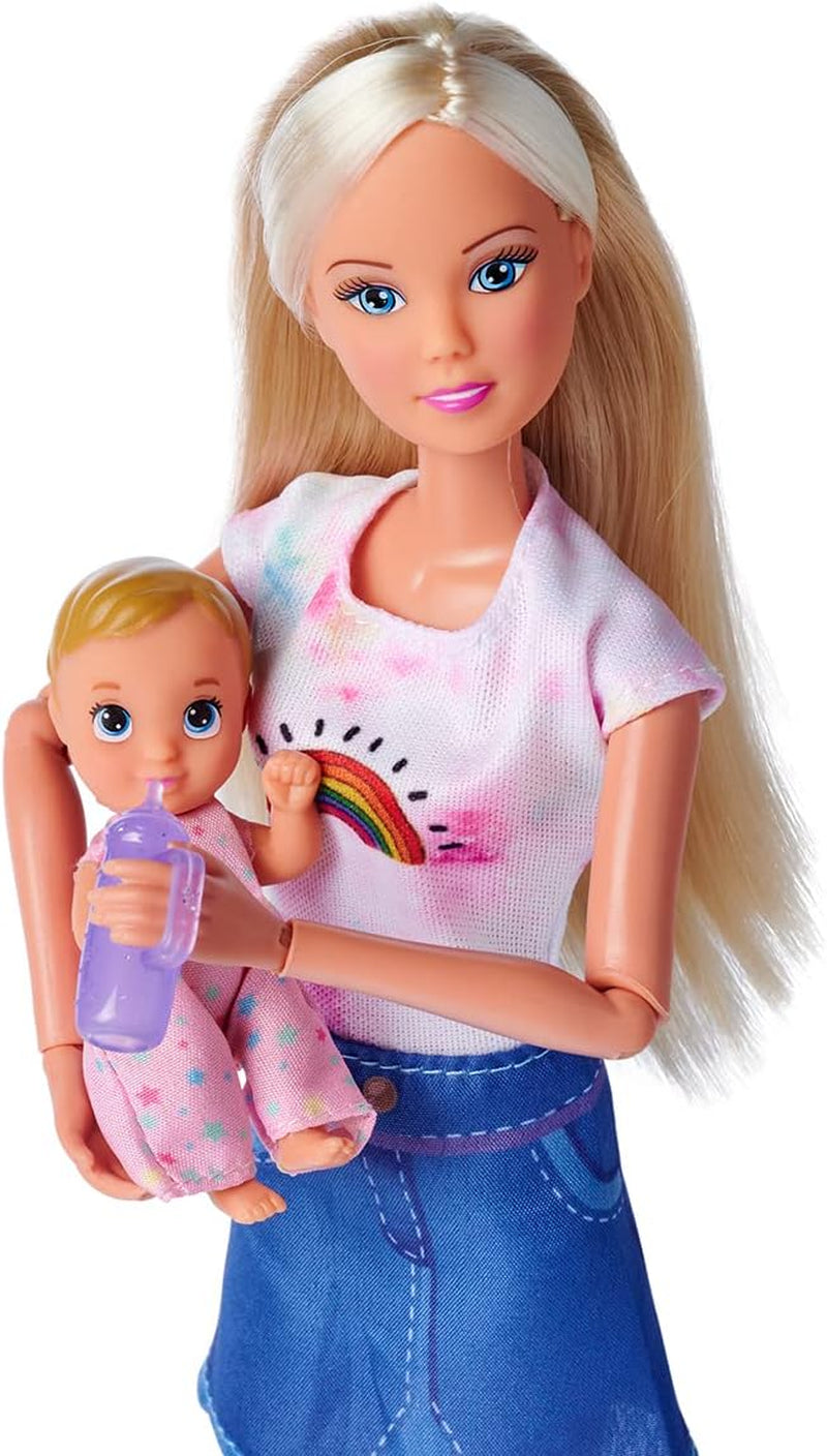 Simba 105733538 - Steffi Love Babybag, poupée de cheville avec bébé, porte-bagages et bouteille de boisson, poupée 29 cm, à partir de 3 ans
