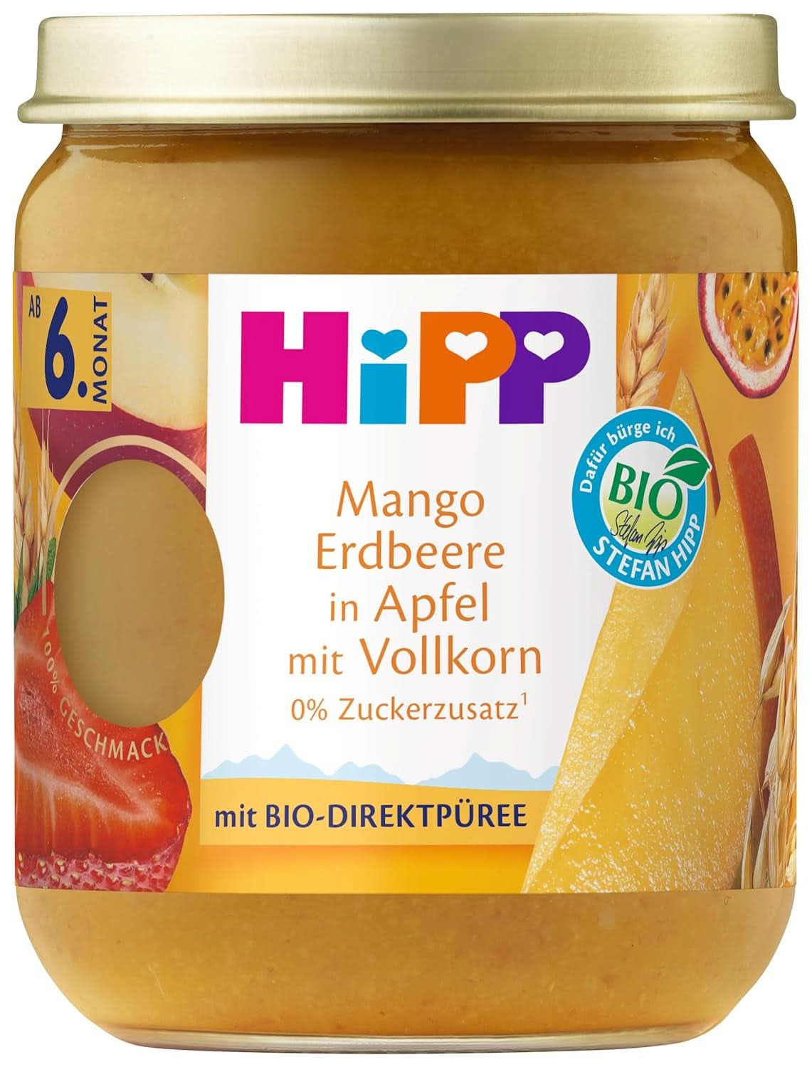 Hipp Fruits et Céréales Bio Compote de Pommes Mangue Fraise avec Grains Entiers, Paquet de 6 (6X160G) Mère et Enfant Naty Shop