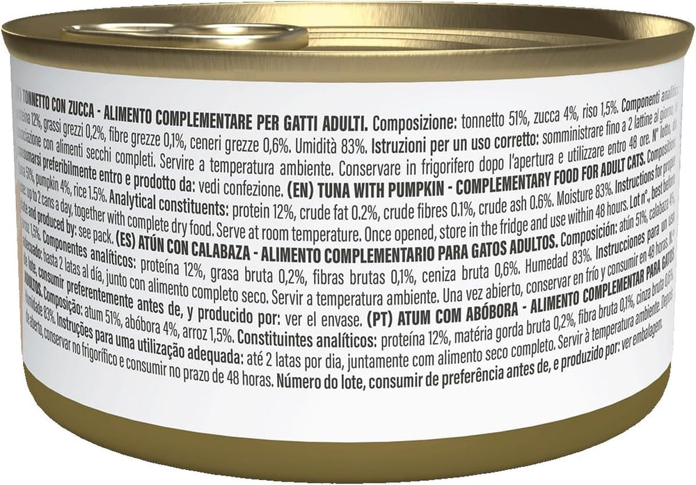 Ton cu dovleac în bulion, hrană umedă complementară pentru pisici, rețetă originală, 100% naturală, 12 conserve a câte 70g fiecare